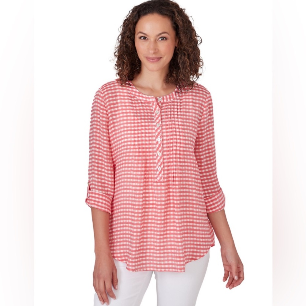 Ruby Rd. Women Sz Medium Pink Gingham Silky Henley Gauze Top
